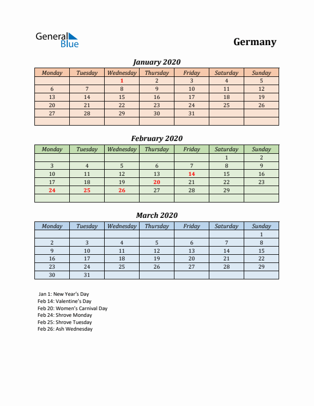 Q1 2020 Holiday Calendar - Germany