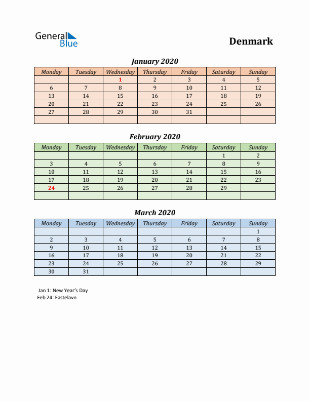 Q1 2020 Holiday Calendar - Denmark