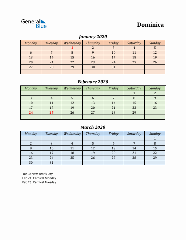 Q1 2020 Holiday Calendar - Dominica