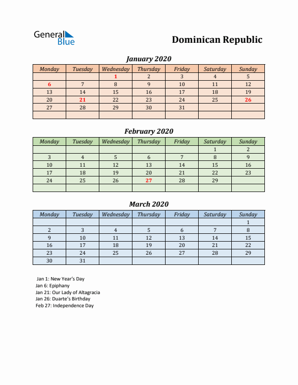 Q1 2020 Holiday Calendar - Dominican Republic