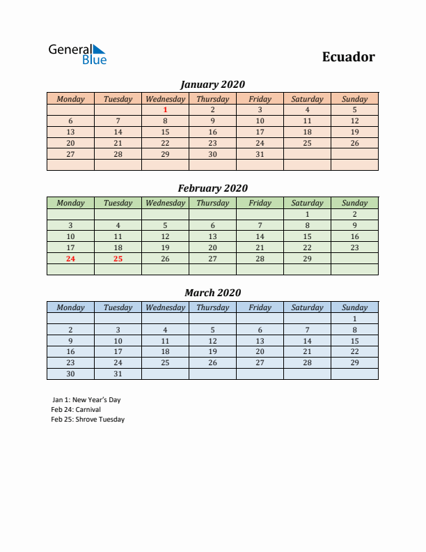 Q1 2020 Holiday Calendar - Ecuador