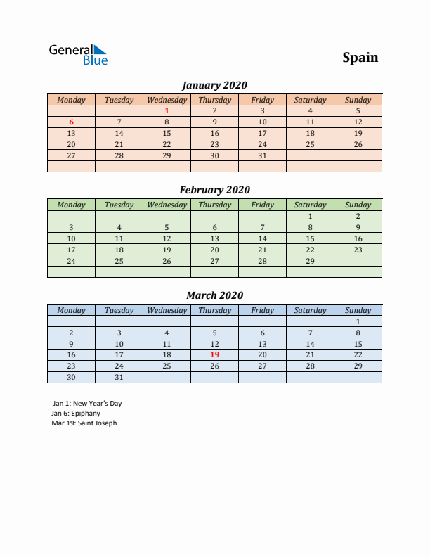 Q1 2020 Holiday Calendar - Spain