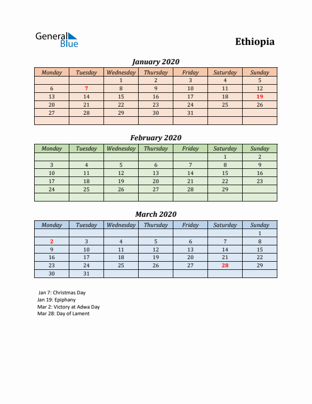 Q1 2020 Holiday Calendar - Ethiopia