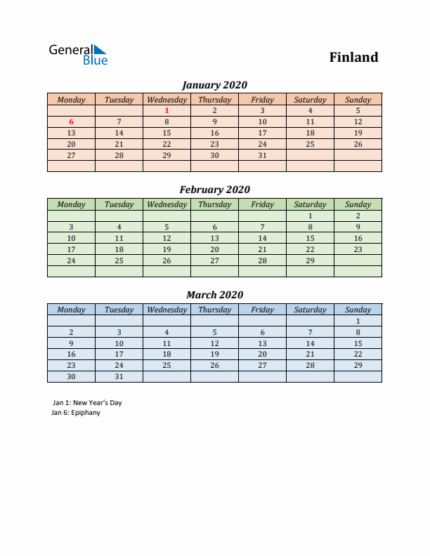 Q1 2020 Holiday Calendar - Finland