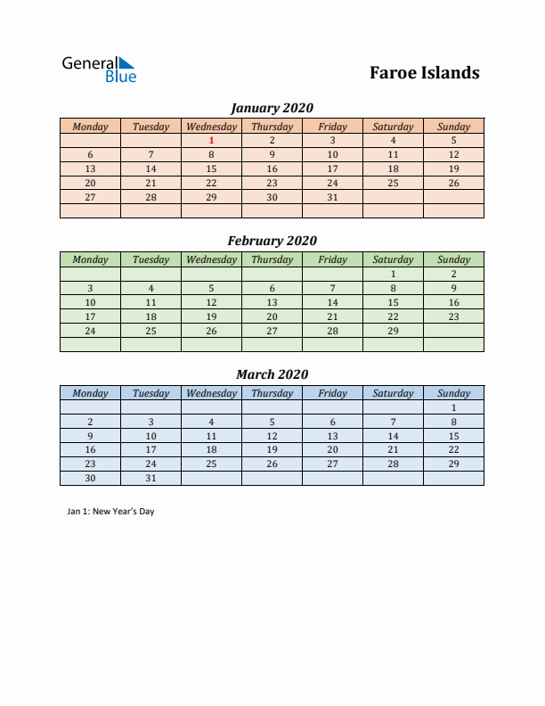 Q1 2020 Holiday Calendar - Faroe Islands