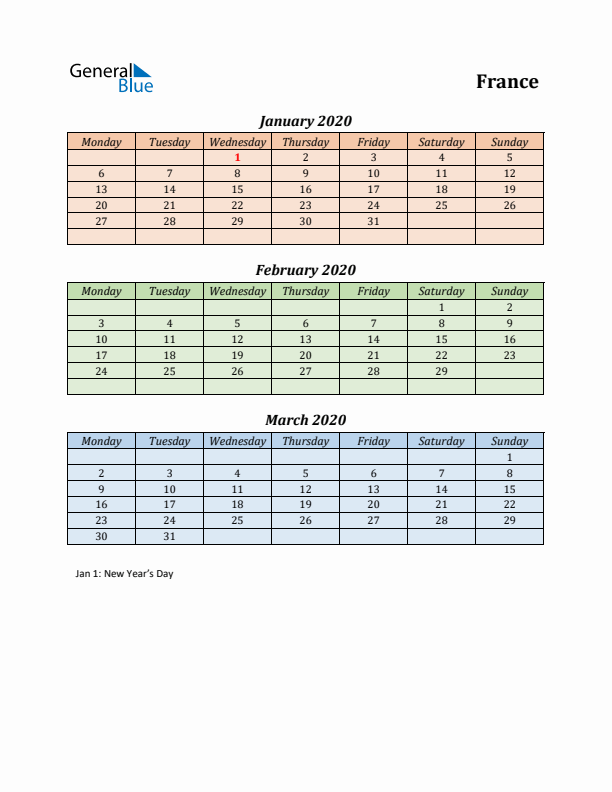 Q1 2020 Holiday Calendar - France