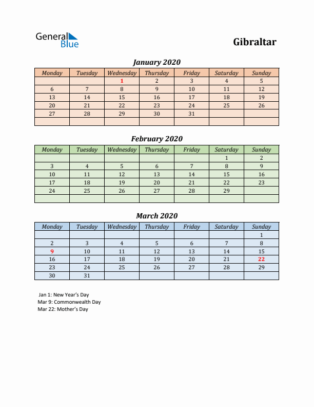 Q1 2020 Holiday Calendar - Gibraltar