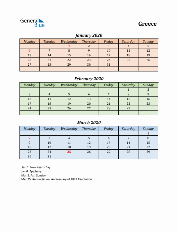 Q1 2020 Holiday Calendar - Greece