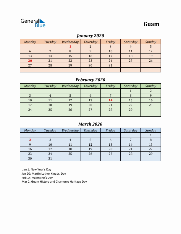 Q1 2020 Holiday Calendar - Guam