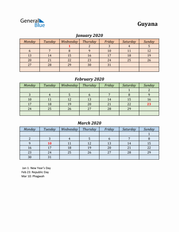 Q1 2020 Holiday Calendar - Guyana