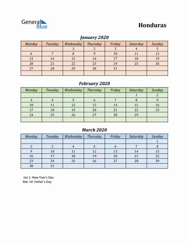 Q1 2020 Holiday Calendar - Honduras