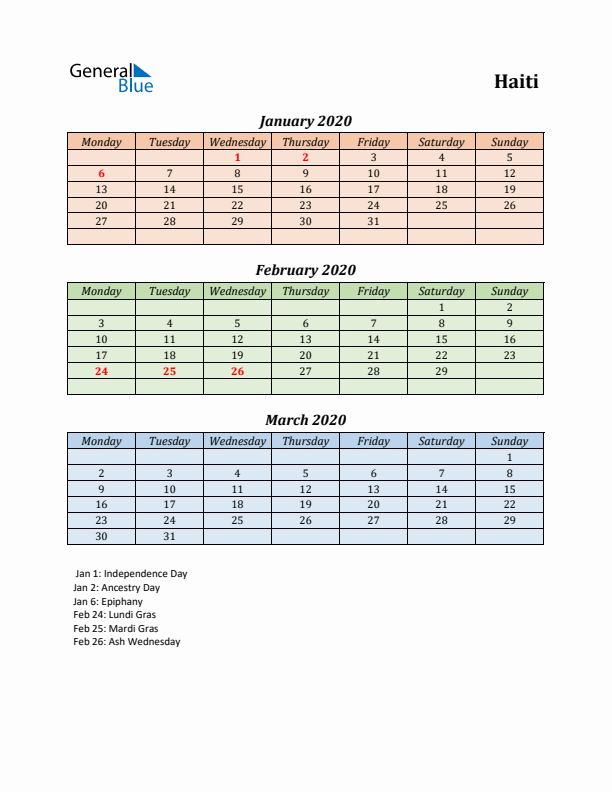 Q1 2020 Holiday Calendar - Haiti