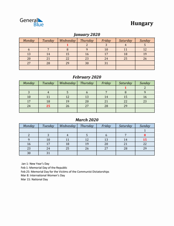 Q1 2020 Holiday Calendar - Hungary