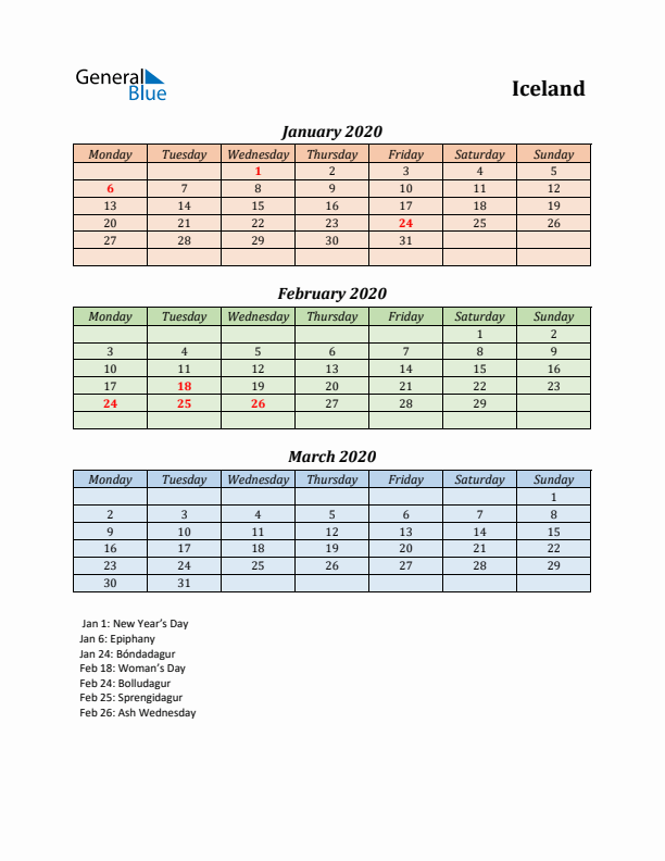 Q1 2020 Holiday Calendar - Iceland