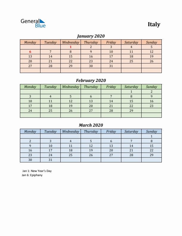 Q1 2020 Holiday Calendar - Italy