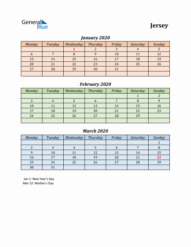 Q1 2020 Holiday Calendar - Jersey