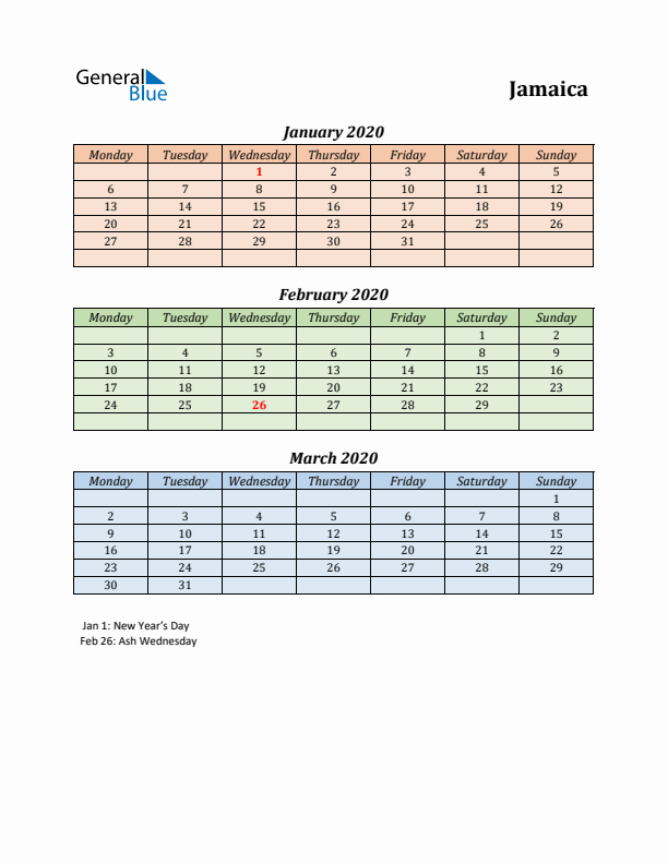 Q1 2020 Holiday Calendar - Jamaica