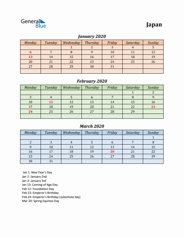 Q1 2020 Holiday Calendar - Japan