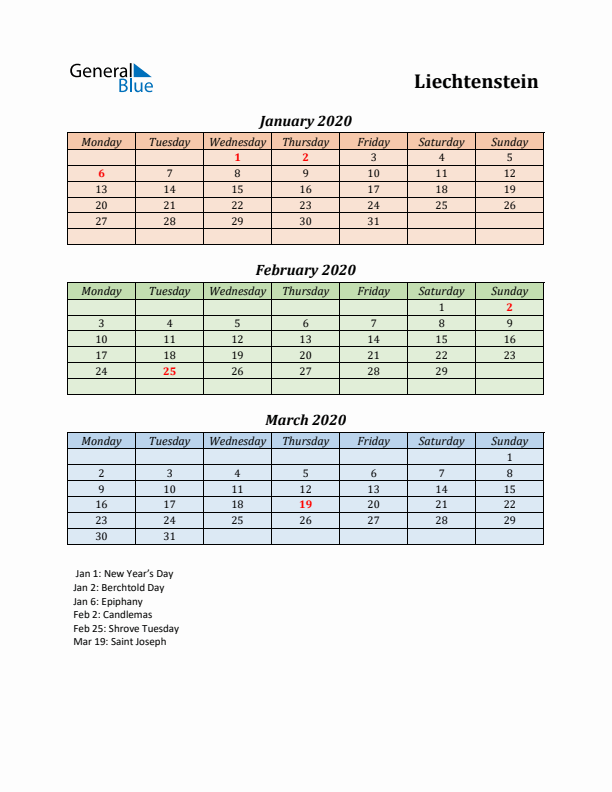 Q1 2020 Holiday Calendar - Liechtenstein