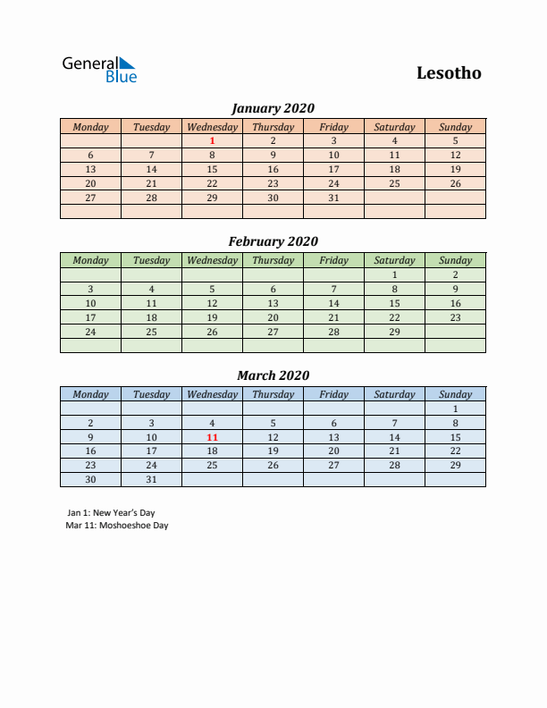 Q1 2020 Holiday Calendar - Lesotho