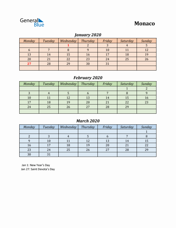 Q1 2020 Holiday Calendar - Monaco