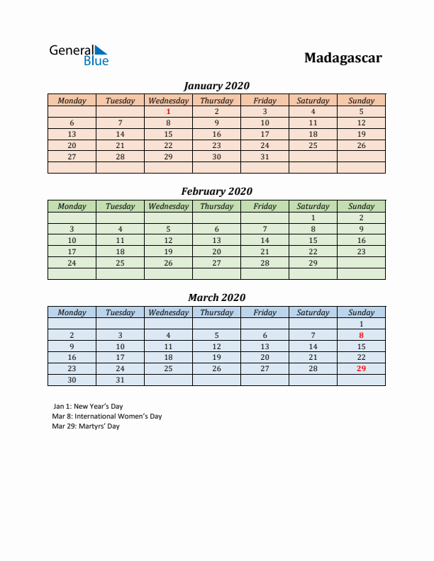 Q1 2020 Holiday Calendar - Madagascar