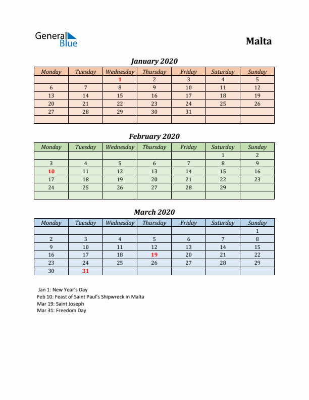 Q1 2020 Holiday Calendar - Malta