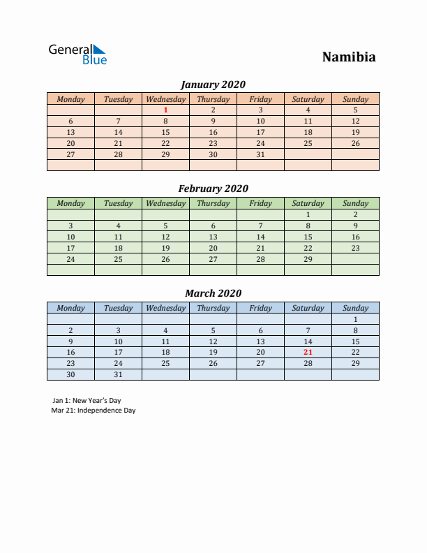 Q1 2020 Holiday Calendar - Namibia