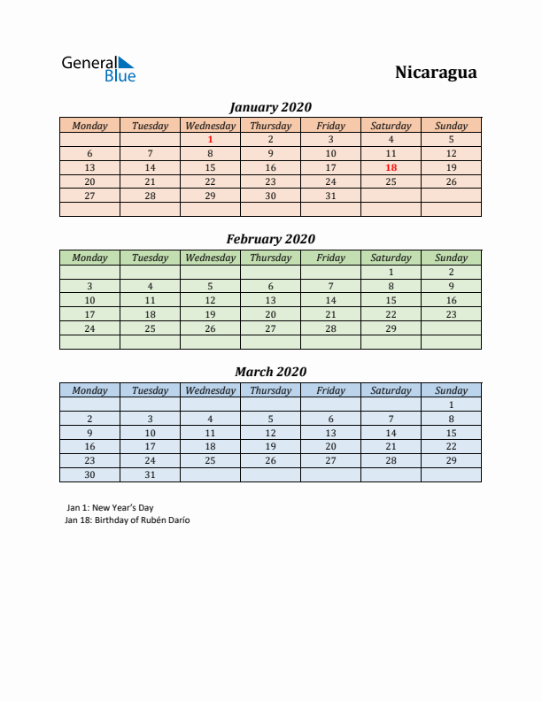 Q1 2020 Holiday Calendar - Nicaragua