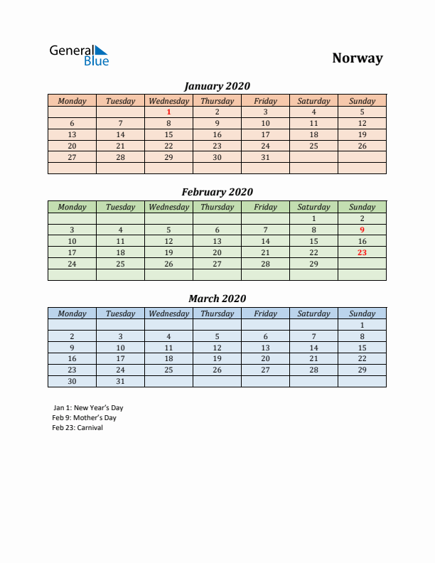 Q1 2020 Holiday Calendar - Norway