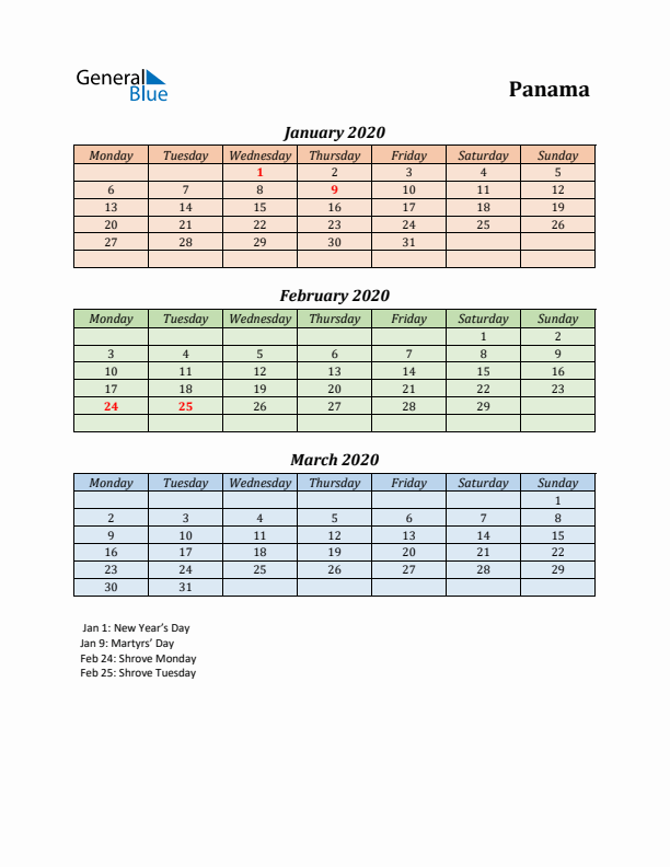 Q1 2020 Holiday Calendar - Panama