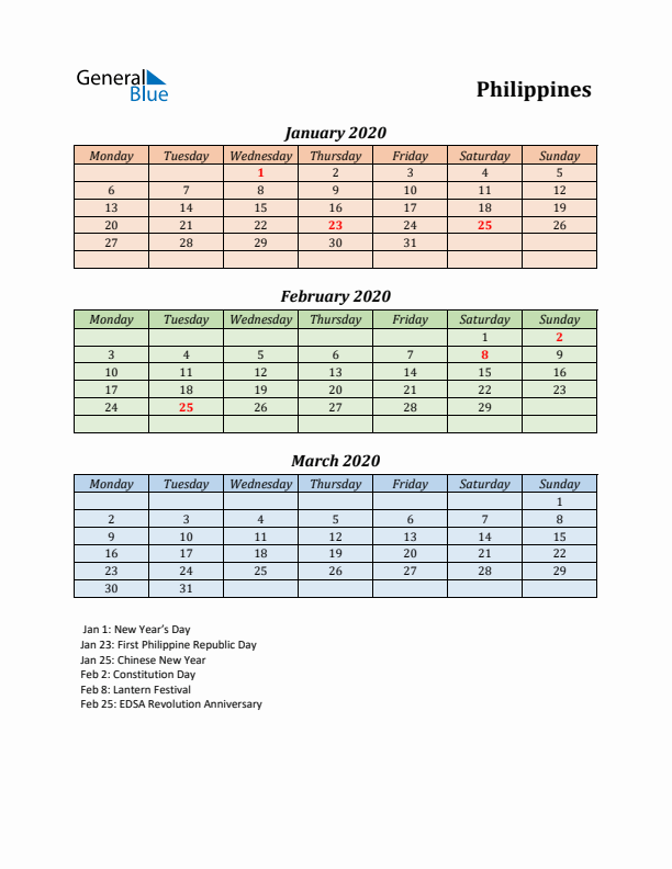 Q1 2020 Holiday Calendar - Philippines