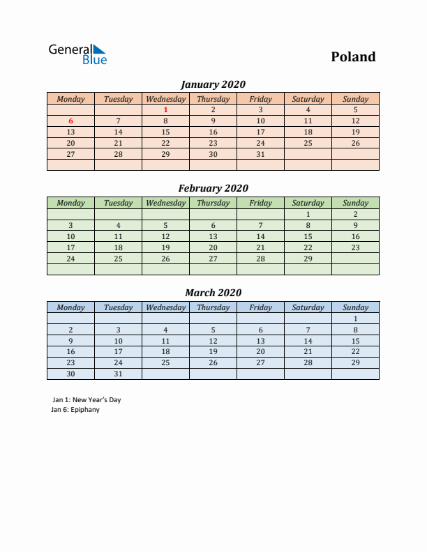 Q1 2020 Holiday Calendar - Poland