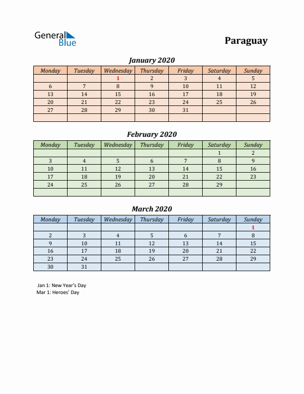 Q1 2020 Holiday Calendar - Paraguay