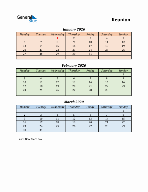 Q1 2020 Holiday Calendar - Reunion