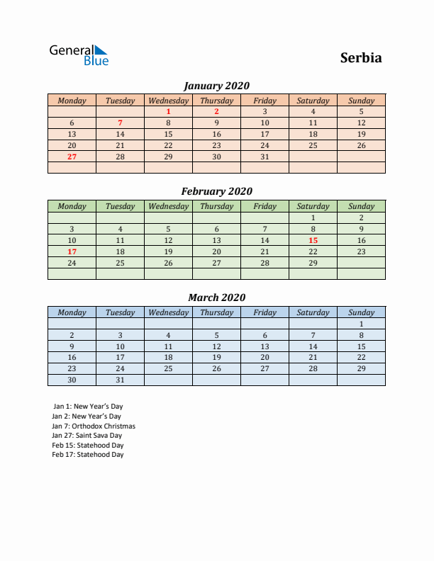 Q1 2020 Holiday Calendar - Serbia