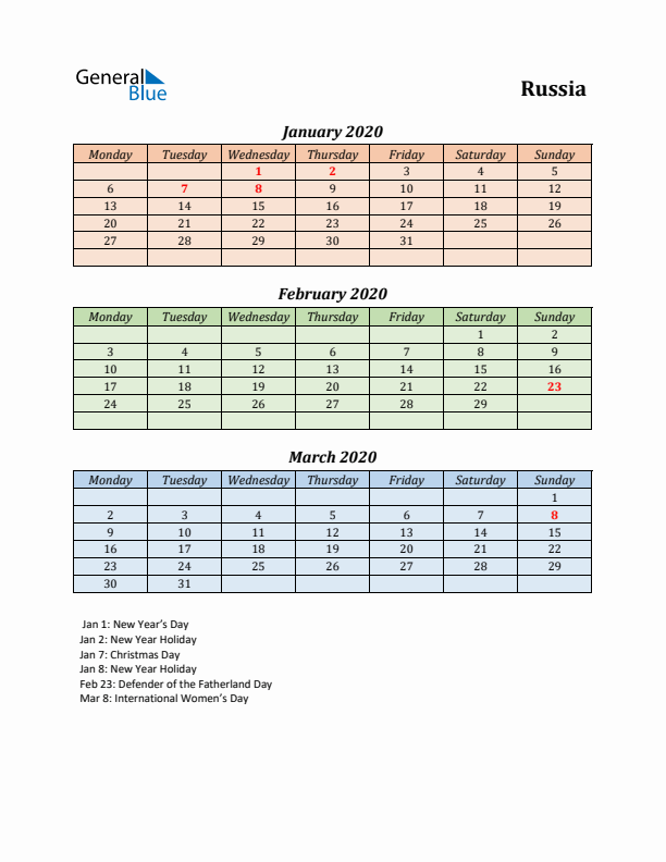 Q1 2020 Holiday Calendar - Russia