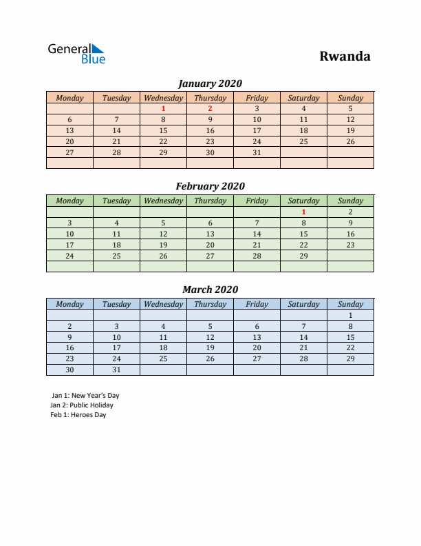 Q1 2020 Holiday Calendar - Rwanda