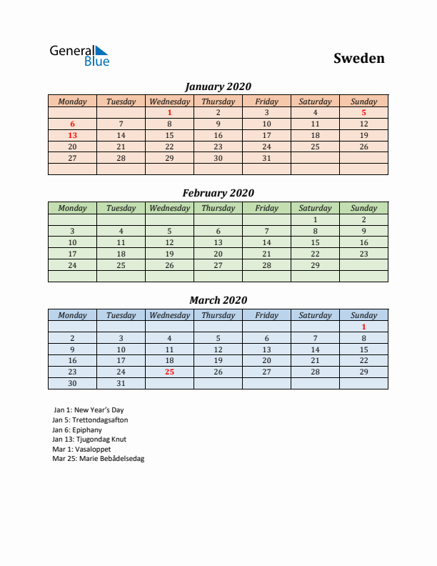 Q1 2020 Holiday Calendar - Sweden