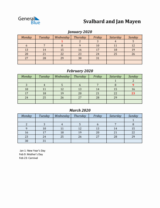 Q1 2020 Holiday Calendar - Svalbard and Jan Mayen