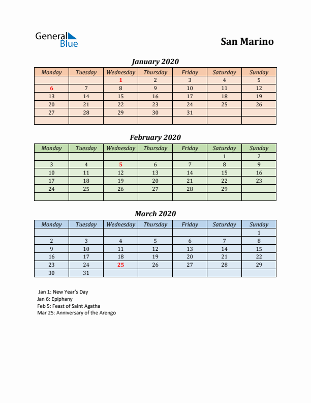 Q1 2020 Holiday Calendar - San Marino