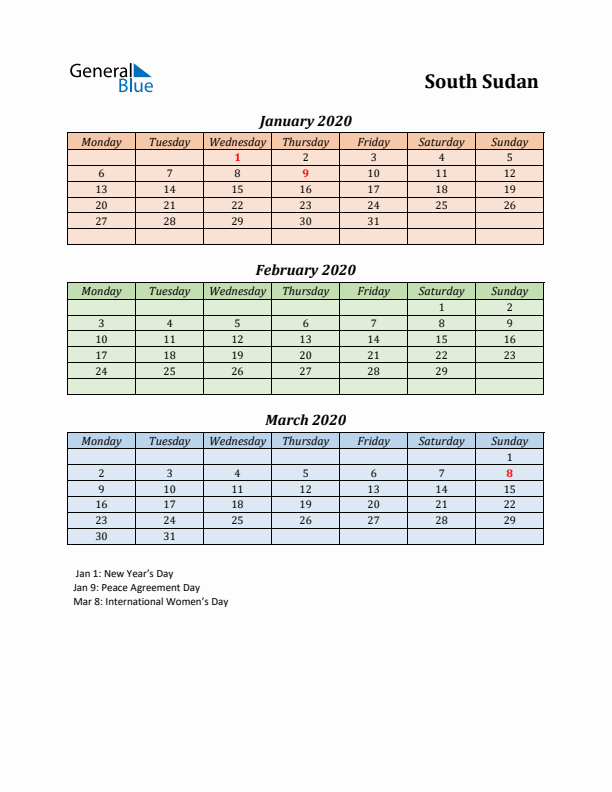 Q1 2020 Holiday Calendar - South Sudan