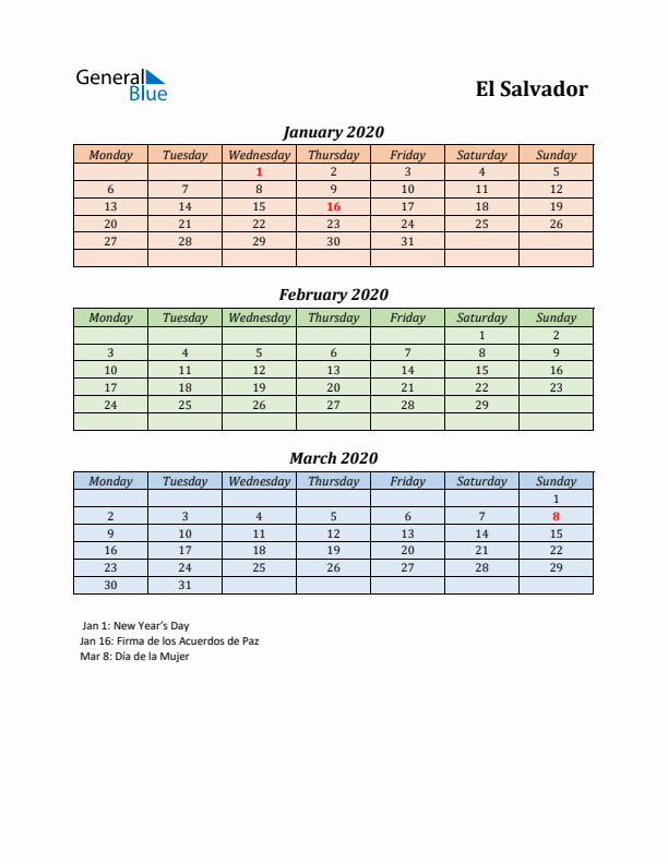 Q1 2020 Holiday Calendar - El Salvador