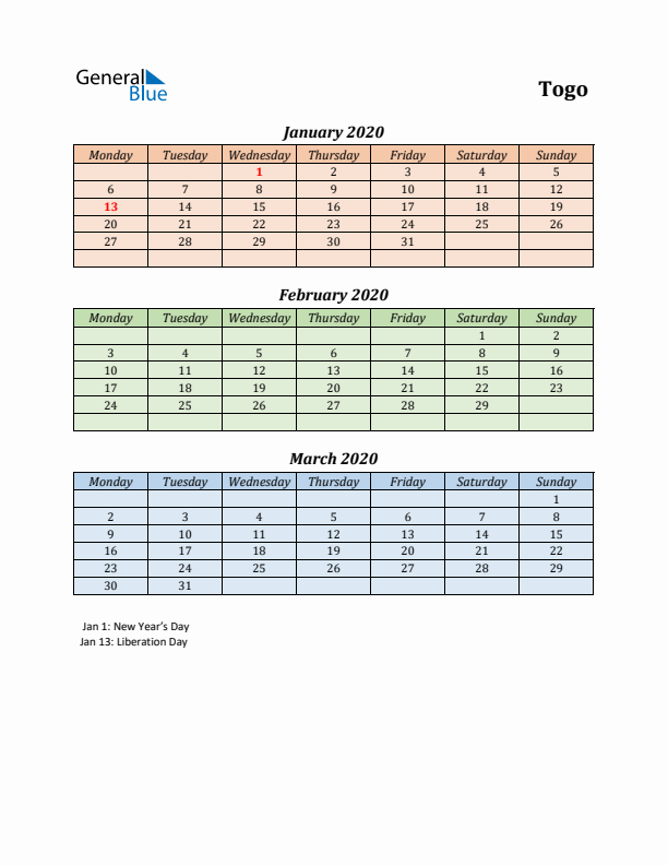 Q1 2020 Holiday Calendar - Togo