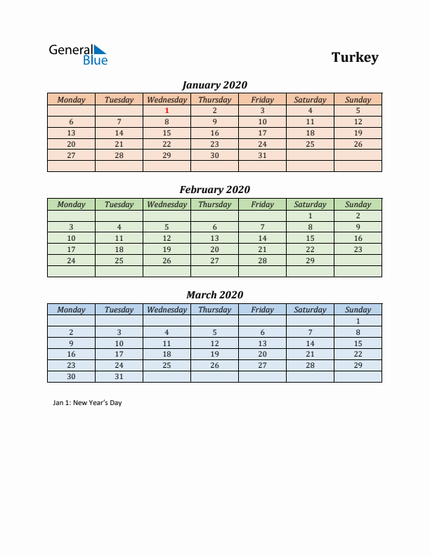 Q1 2020 Holiday Calendar - Turkey