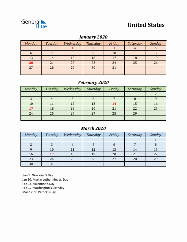 Q1 2020 Holiday Calendar - United States