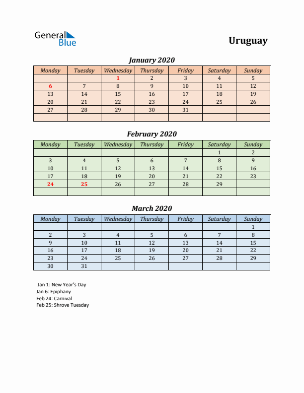 Q1 2020 Holiday Calendar - Uruguay