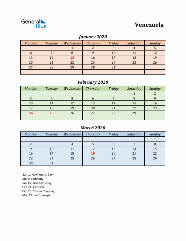 Q1 2020 Holiday Calendar - Venezuela