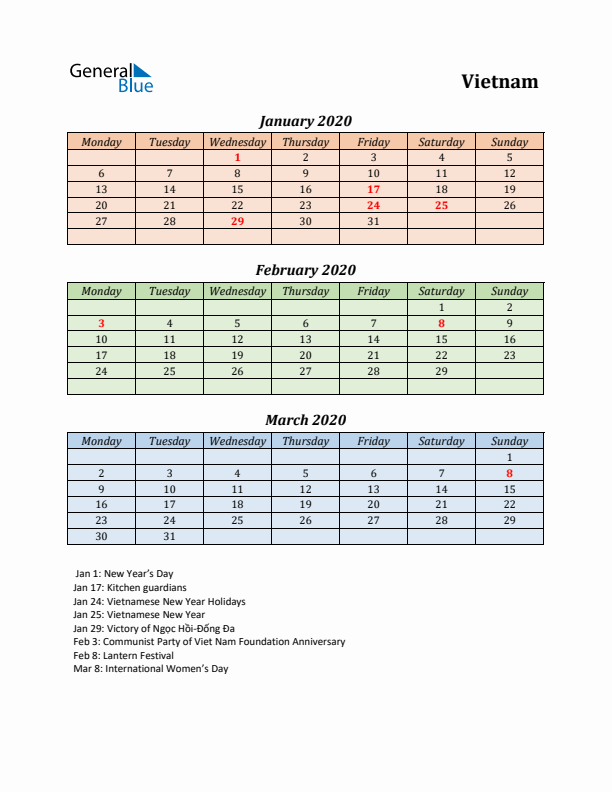 Q1 2020 Holiday Calendar - Vietnam