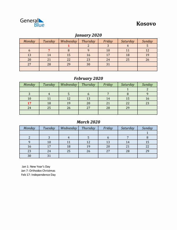 Q1 2020 Holiday Calendar - Kosovo